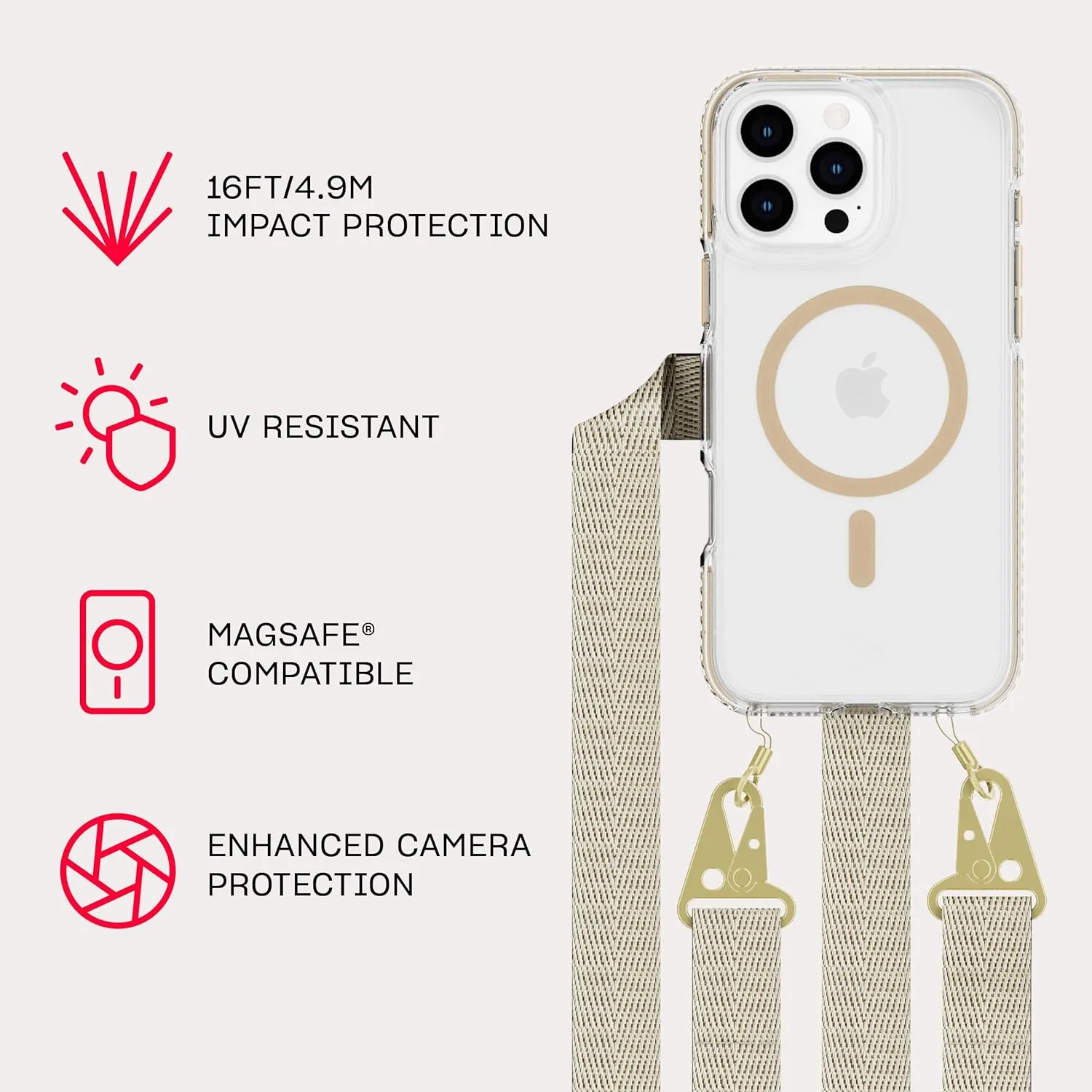 Tech21 EvoCrystal with Crossbody Lanyard for iPhone 16 Pro Max - Compatible with MagSafe - Impact Protection Case 15x Military Dtandard Tested - with Crossbody Lanyard -in Gold