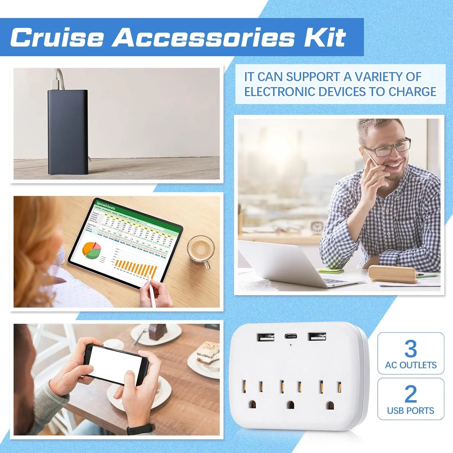 Tenceur 18 Pcs Cruise Essentials Power Strip 6 Hook 2 Card Lanyard 4 Luggage Tag 2 Phone Bag 1 Clothesline 2 Towel Band