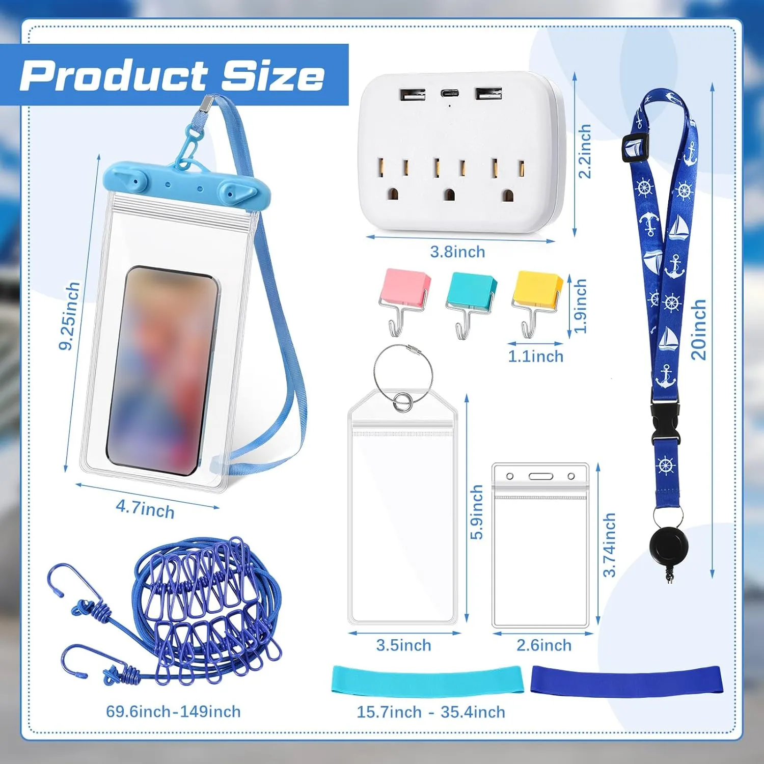 Tenceur 18 Pcs Cruise Essentials Power Strip 6 Hook 2 Card Lanyard 4 Luggage Tag 2 Phone Bag 1 Clothesline 2 Towel Band