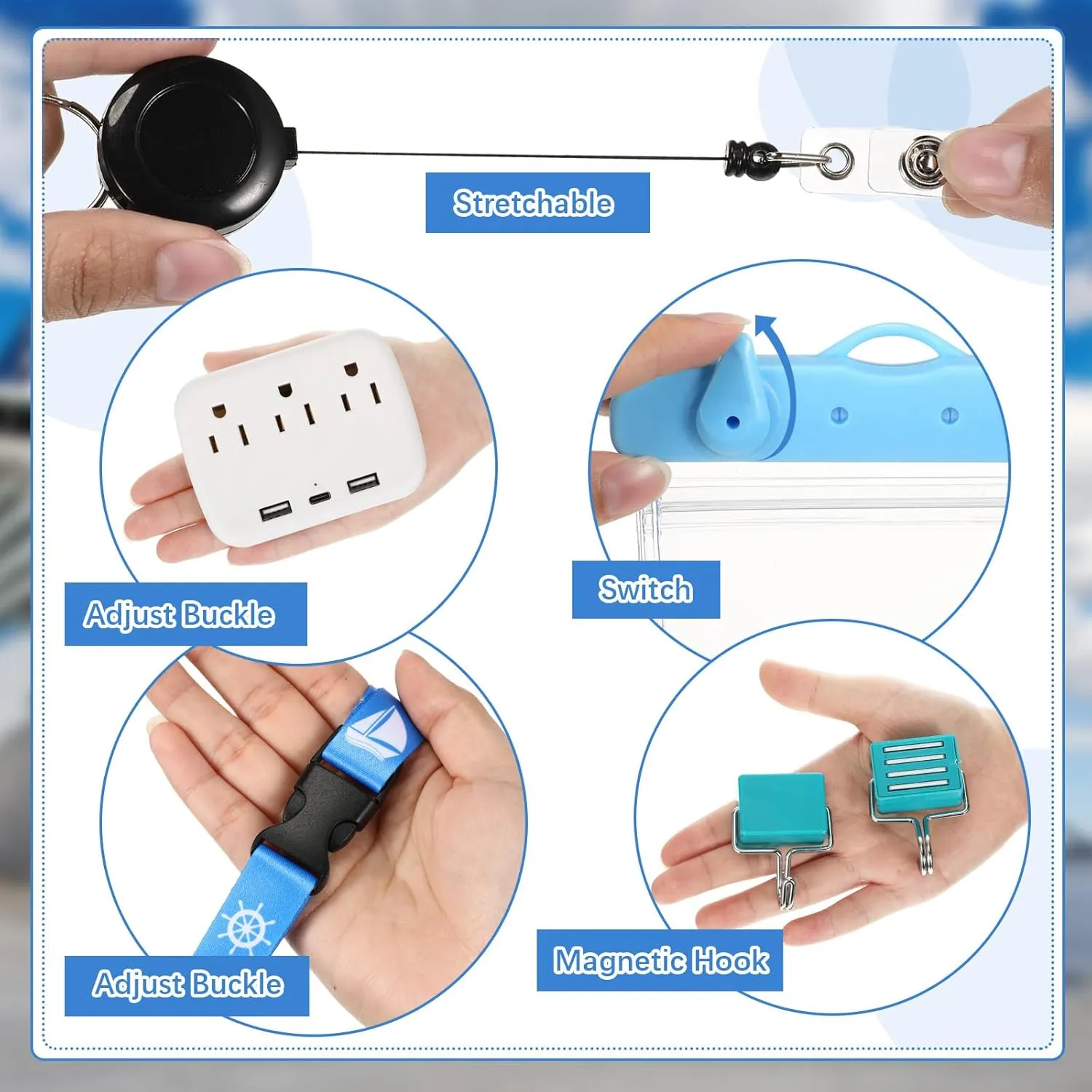Tenceur 18 Pcs Cruise Essentials Power Strip 6 Hook 2 Card Lanyard 4 Luggage Tag 2 Phone Bag 1 Clothesline 2 Towel Band