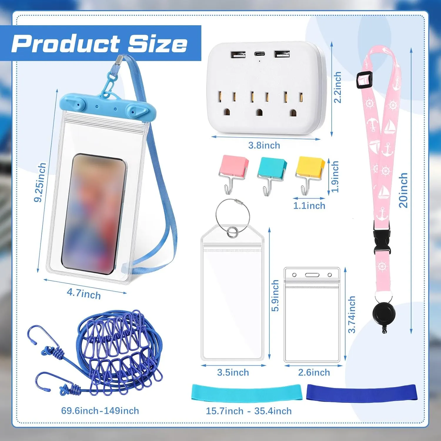 Tenceur 18 Pcs Cruise Essentials Power Strip 6 Hook 2 Card Lanyard 4 Luggage Tag 2 Phone Bag 1 Clothesline 2 Towel Band