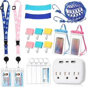 Tenceur 18 Pcs Cruise Essentials Power Strip 6 Hook 2 Card Lanyard 4 Luggage Tag 2 Phone Bag 1 Clothesline 2 Towel Band