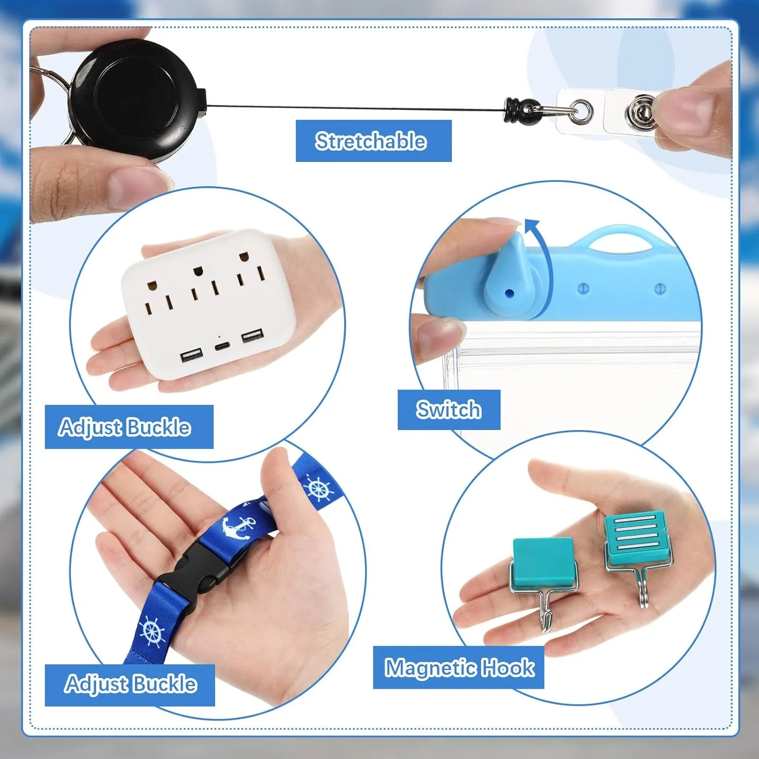 Tenceur 18 Pcs Cruise Essentials Power Strip 6 Hook 2 Card Lanyard 4 Luggage Tag 2 Phone Bag 1 Clothesline 2 Towel Band
