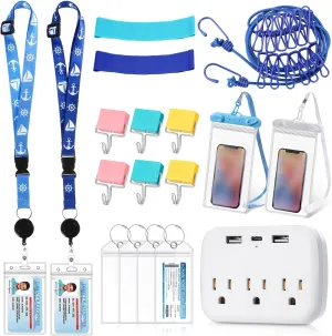 Tenceur 18 Pcs Cruise Essentials Power Strip 6 Hook 2 Card Lanyard 4 Luggage Tag 2 Phone Bag 1 Clothesline 2 Towel Band