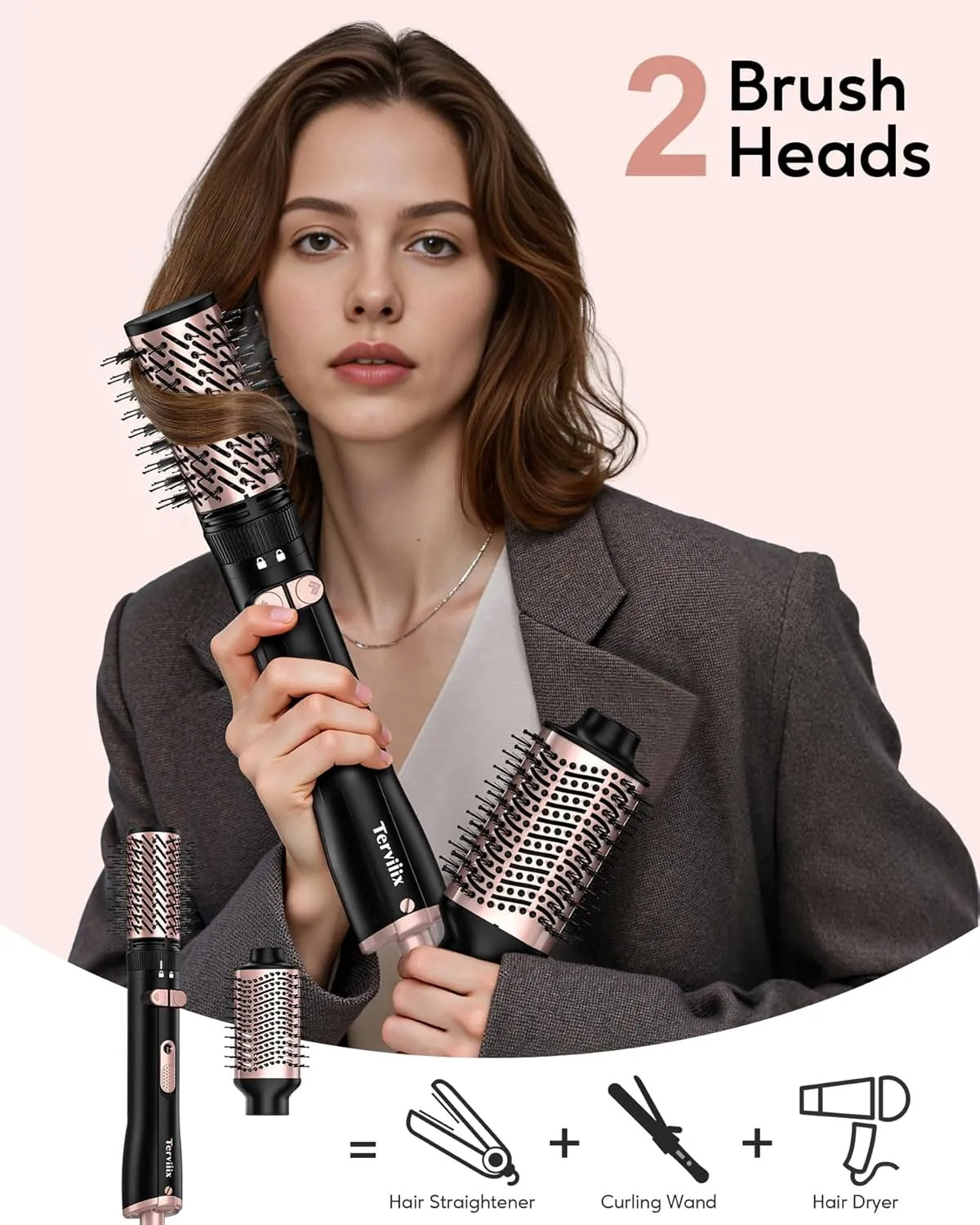 Terviiix 2-in-1 Hot Air Brush Set | 2'' Rotating Blow Dryer Brush for Smooth, Frizz-Free Salon Blowout | 3'' Oval Hair Dryer Brush Volumizer (Non-Rotating), Easy to Clean Detachable Design, 1000W