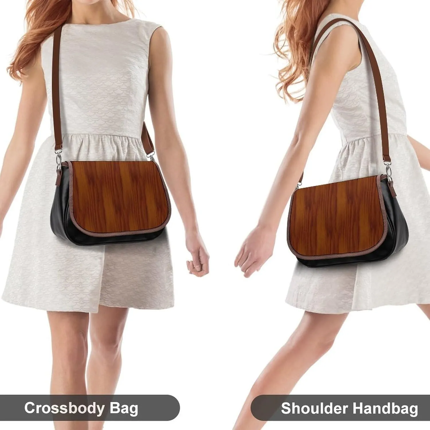The Look of Warm Oak Wood Grain Texture Leather Decorative Crossbody Strap Backpack, Large Capacity Shoulder Bag