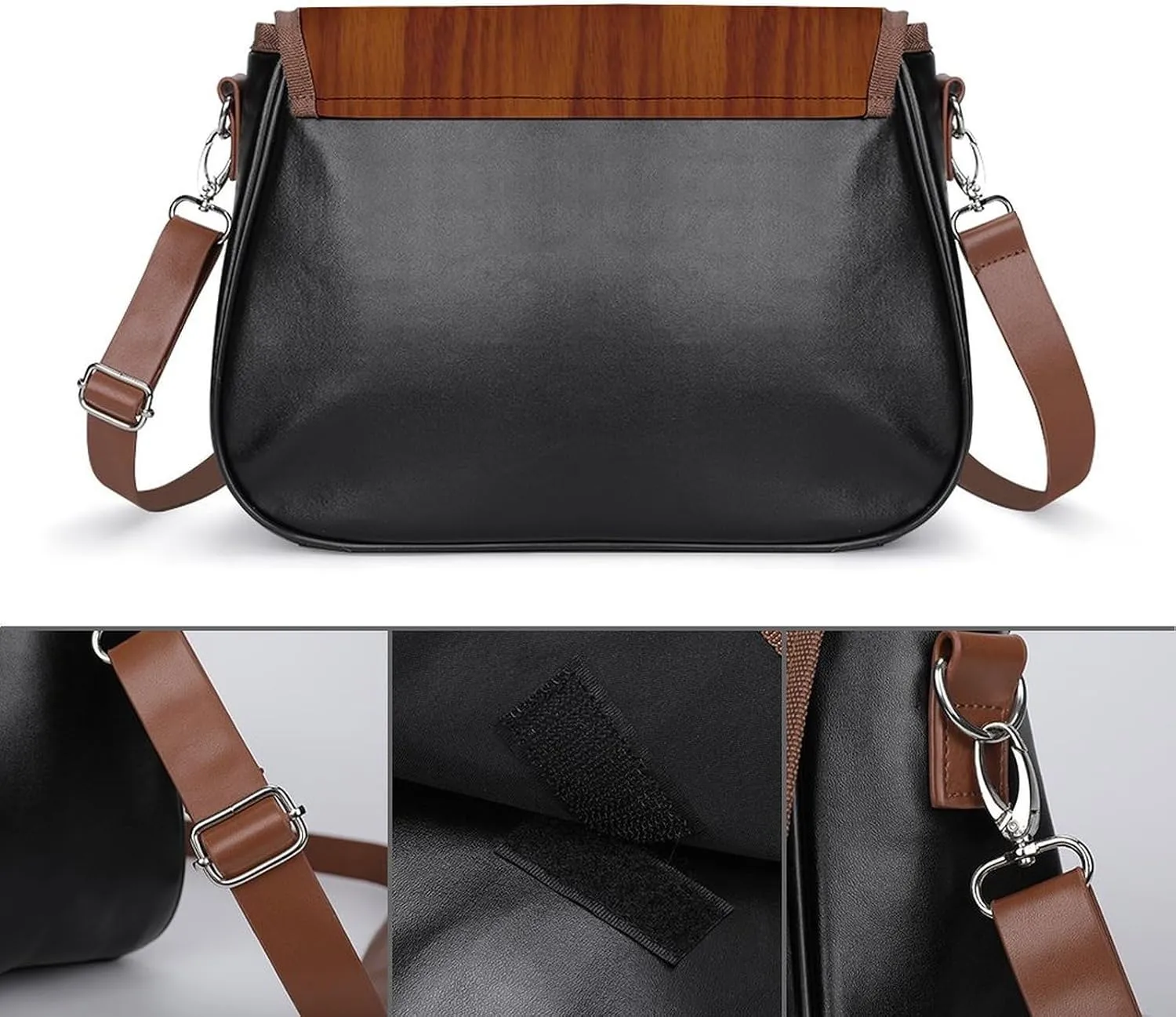 The Look of Warm Oak Wood Grain Texture Leather Decorative Crossbody Strap Backpack, Large Capacity Shoulder Bag