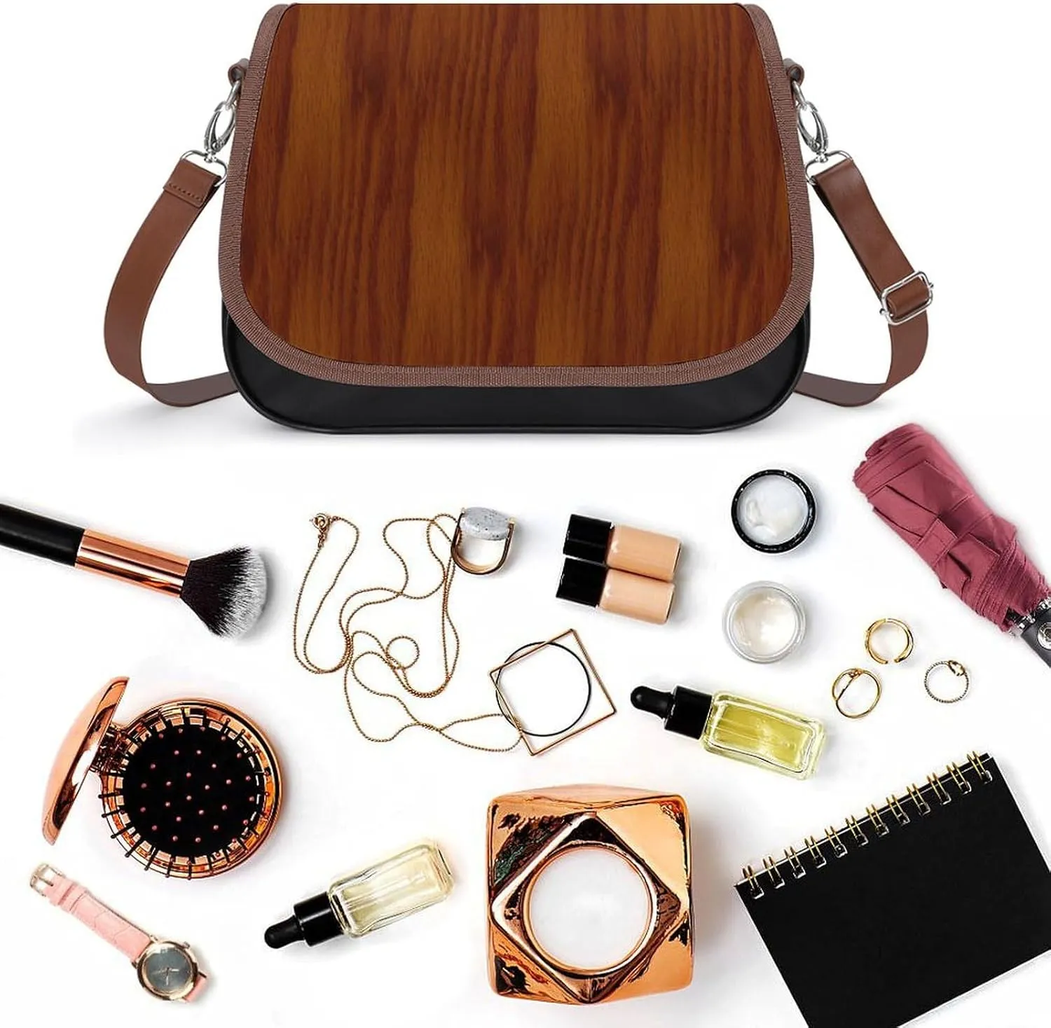 The Look of Warm Oak Wood Grain Texture Leather Decorative Crossbody Strap Backpack, Large Capacity Shoulder Bag