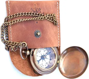The Vintage Venue Handmade Compass Nautical Brass Push Open with Leather Case Pocket Compass Rustic Vintage Home Decor Gifts