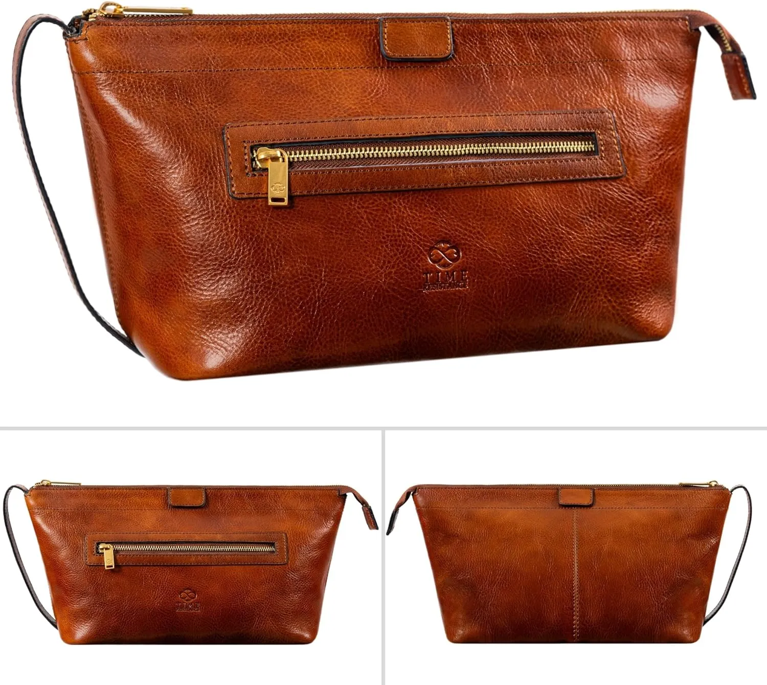 Time Resistance Leather Toiletry Bag - Dopp Kit, Full-grain Leather Cosmetic Case, Wash Bag (Cognac Brown)