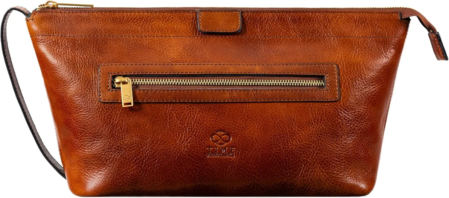 Time Resistance Leather Toiletry Bag - Dopp Kit, Full-grain Leather Cosmetic Case, Wash Bag (Cognac Brown)