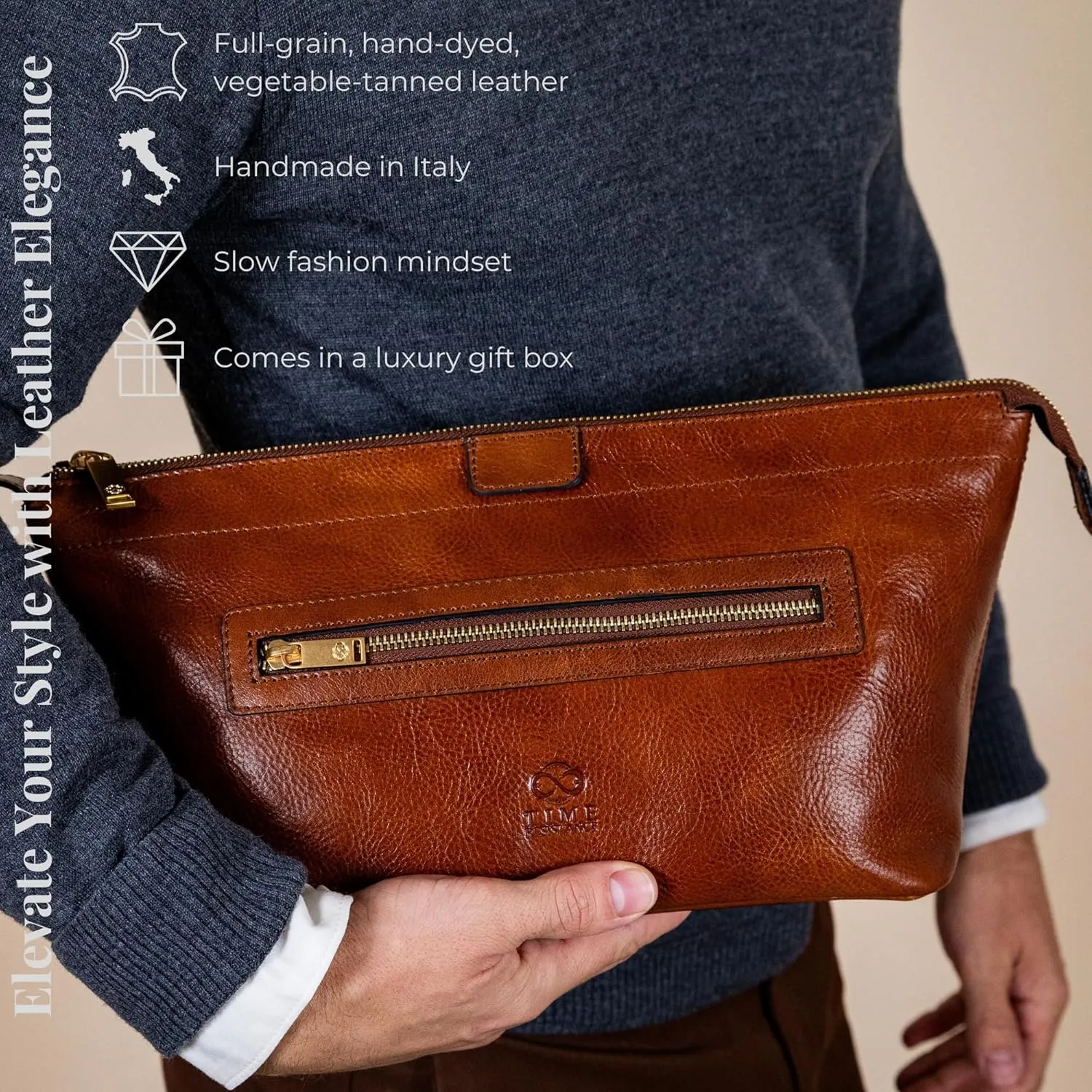 Time Resistance Leather Toiletry Bag - Dopp Kit, Full-grain Leather Cosmetic Case, Wash Bag (Cognac Brown)