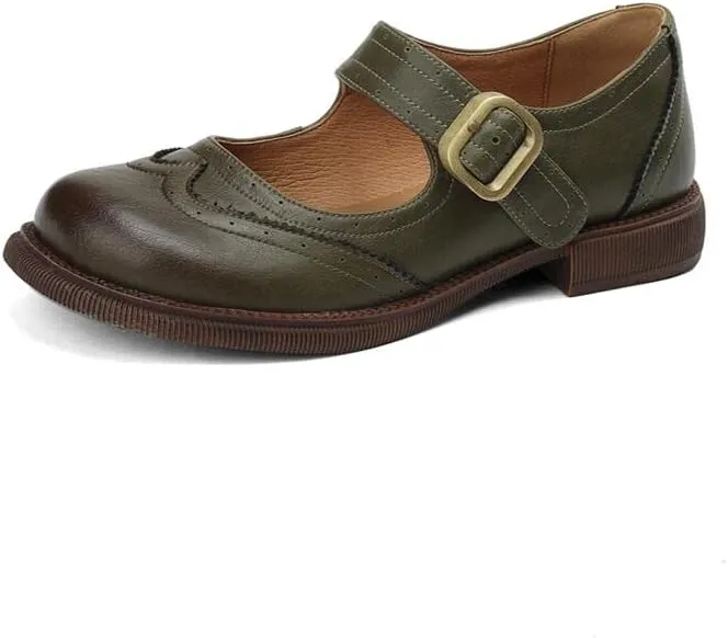 TinaCus Handmade Women's Genuine Leather Cute Sculptured Round Toe Buckle Mary Janes Flats Shoes