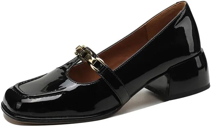 TinaCus Handmade Women's Patent Leather Chain T-Strap Square Toe Low Chunky Heel Mary Janes Pumps Shoes