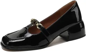 TinaCus Handmade Women's Patent Leather Chain T-Strap Square Toe Low Chunky Heel Mary Janes Pumps Shoes