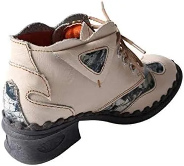 TMA EYES Women's leather printed patchwork ankle boots lace-up fashion shoes