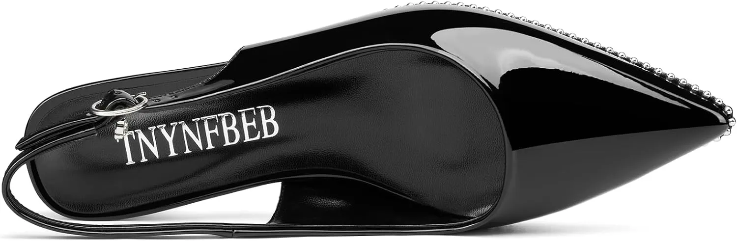 TNYNFBEB Womens Low Kitten Heel Close Pointed Toe Pumps Slingback Silver Beaded Buckle Prom Party Dress Patent Leather 1.4 Inches Heels