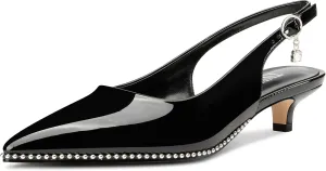 TNYNFBEB Womens Low Kitten Heel Close Pointed Toe Pumps Slingback Silver Beaded Buckle Prom Party Dress Patent Leather 1.4 Inches Heels