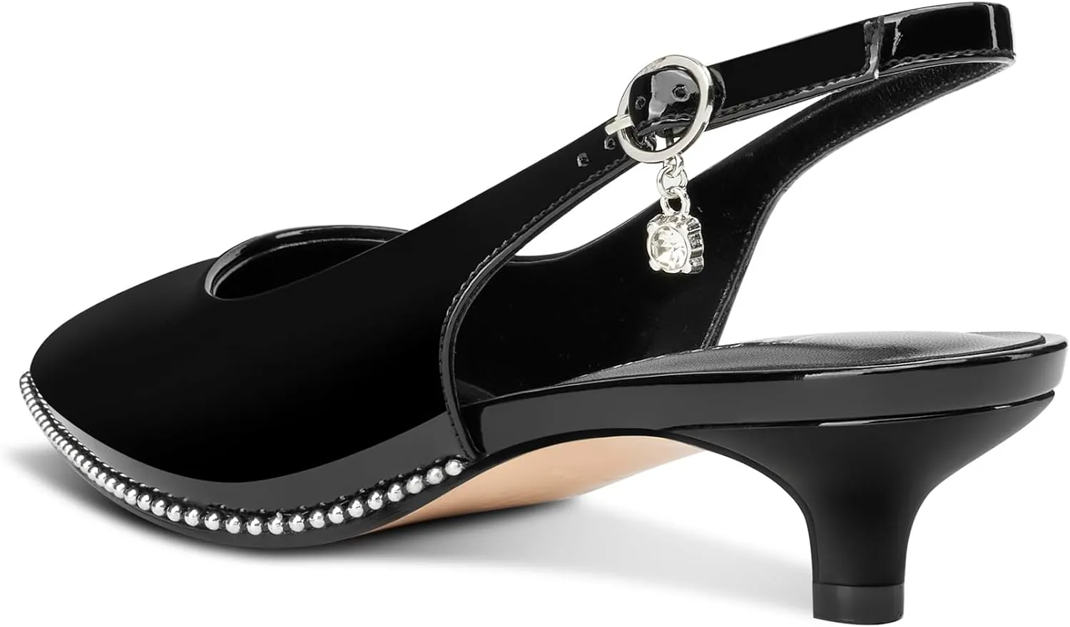 TNYNFBEB Womens Low Kitten Heel Close Pointed Toe Pumps Slingback Silver Beaded Buckle Prom Party Dress Patent Leather 1.4 Inches Heels