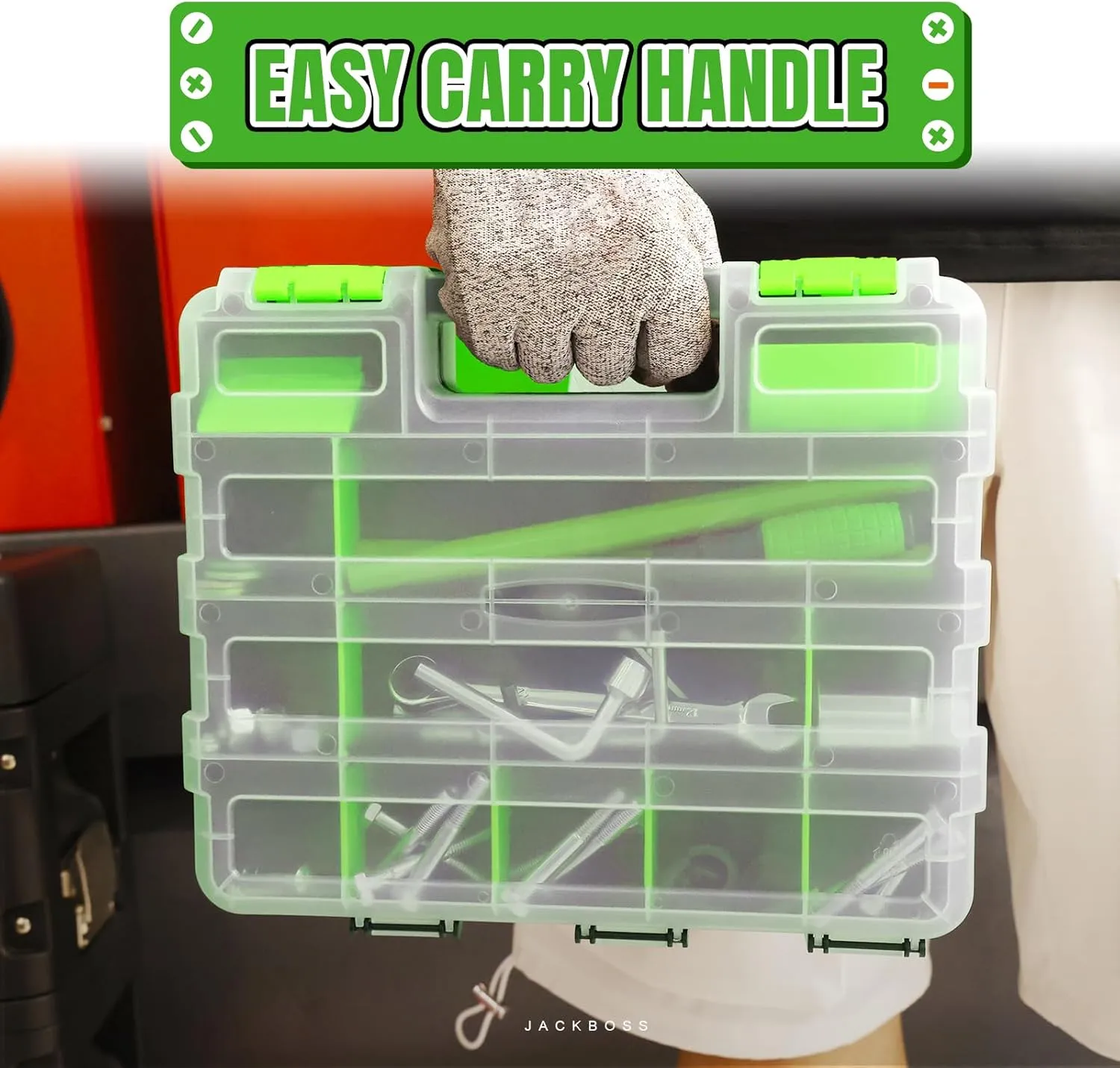Tool Box with Transparent Lid, Double Side 34-Compartments Organizer Box with Removable Dividers for Hardware, Screws, Bolts, Nails, Beads, Jewelry and Fishing Accessories, Green, 2 Pack