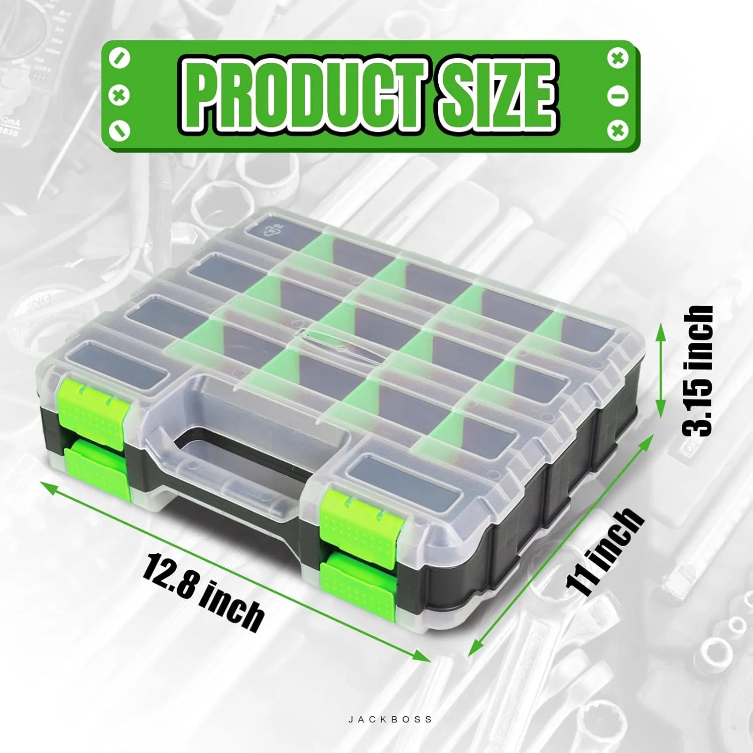 Tool Box with Transparent Lid, Double Side 34-Compartments Organizer Box with Removable Dividers for Hardware, Screws, Bolts, Nails, Beads, Jewelry and Fishing Accessories, Green, 2 Pack