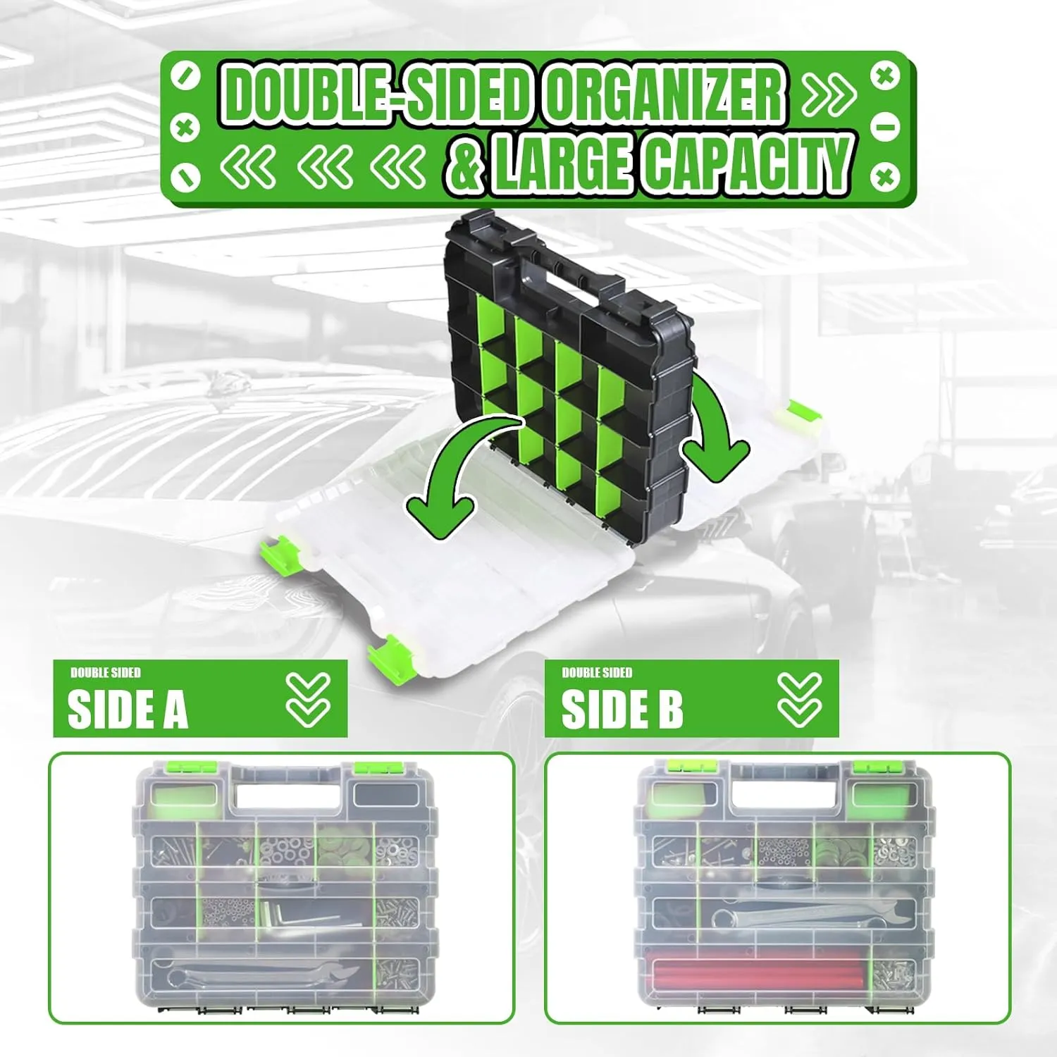 Tool Box with Transparent Lid, Double Side 34-Compartments Organizer Box with Removable Dividers for Hardware, Screws, Bolts, Nails, Beads, Jewelry and Fishing Accessories, Green, 2 Pack