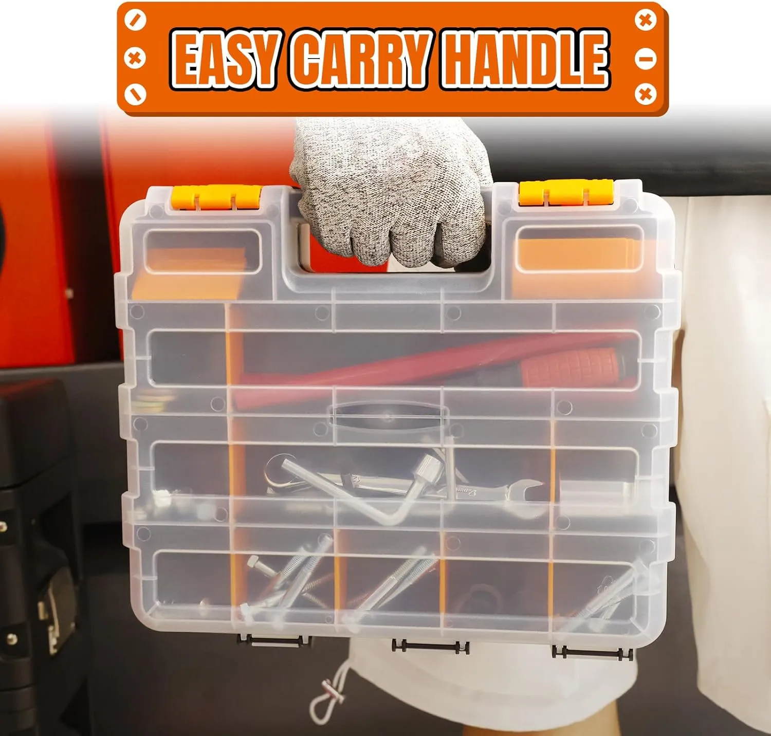 Tool Box with Transparent Lid, Double Side 34-Compartments Organizer Box with Removable Dividers for Hardware, Screws, Bolts, Nails, Beads, Jewelry and Fishing Accessories, Orange, 4 Pack