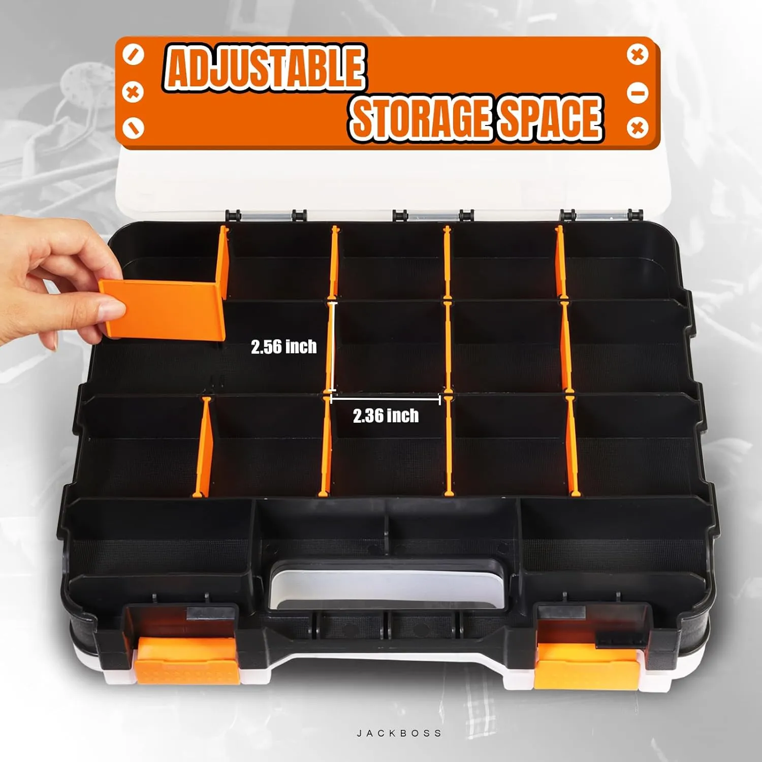 Tool Box with Transparent Lid, Double Side 34-Compartments Organizer Box with Removable Dividers for Hardware, Screws, Bolts, Nails, Beads, Jewelry and Fishing Accessories, Orange, 4 Pack