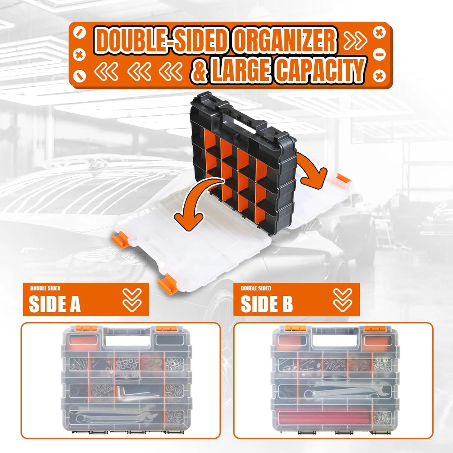 Tool Box with Transparent Lid, Double Side 34-Compartments Organizer Box with Removable Dividers for Hardware, Screws, Bolts, Nails, Beads, Jewelry and Fishing Accessories, Orange, 4 Pack