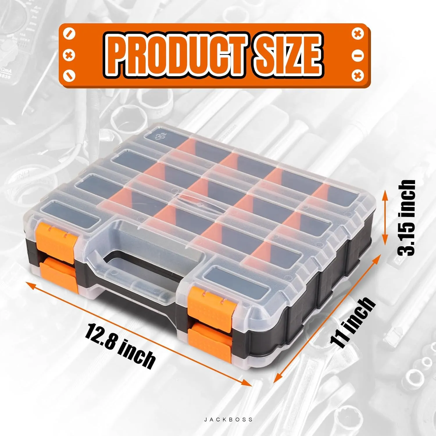 Tool Box with Transparent Lid, Double Side 34-Compartments Organizer Box with Removable Dividers for Hardware, Screws, Bolts, Nails, Beads, Jewelry and Fishing Accessories, Orange, 4 Pack