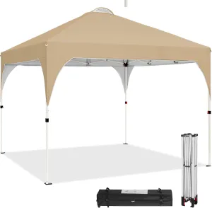 Topeakmart 10x10 Pop Up Canopy, Outdoor Portable Shelter Tent with 4 Sandbags, Wheeled Bag, for Events, Parties, Camping (Khaki, 10x10)