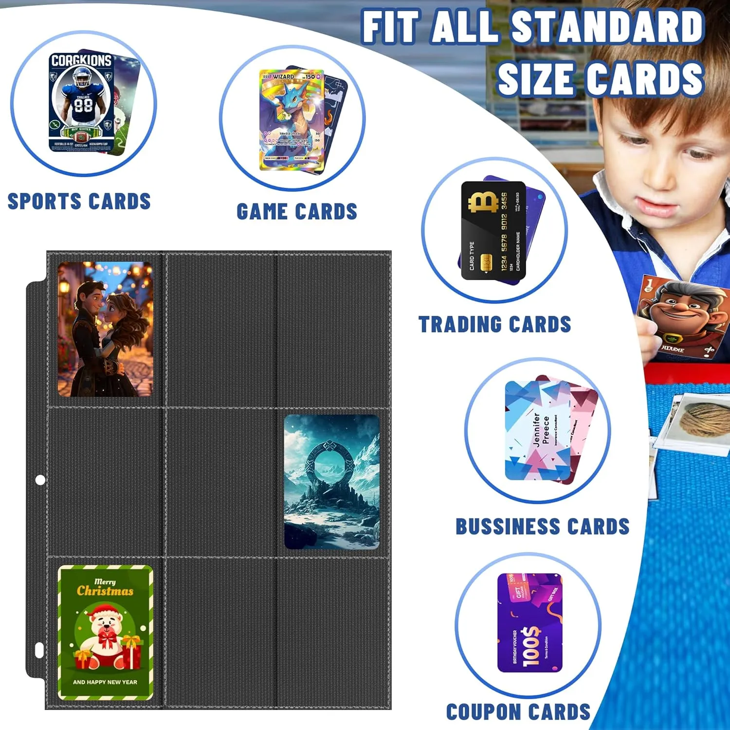 Trading Card Binder Sleeves, Baseball Holder Fit for Standard Size Sport Cards, 3 Ring Binder (Black)