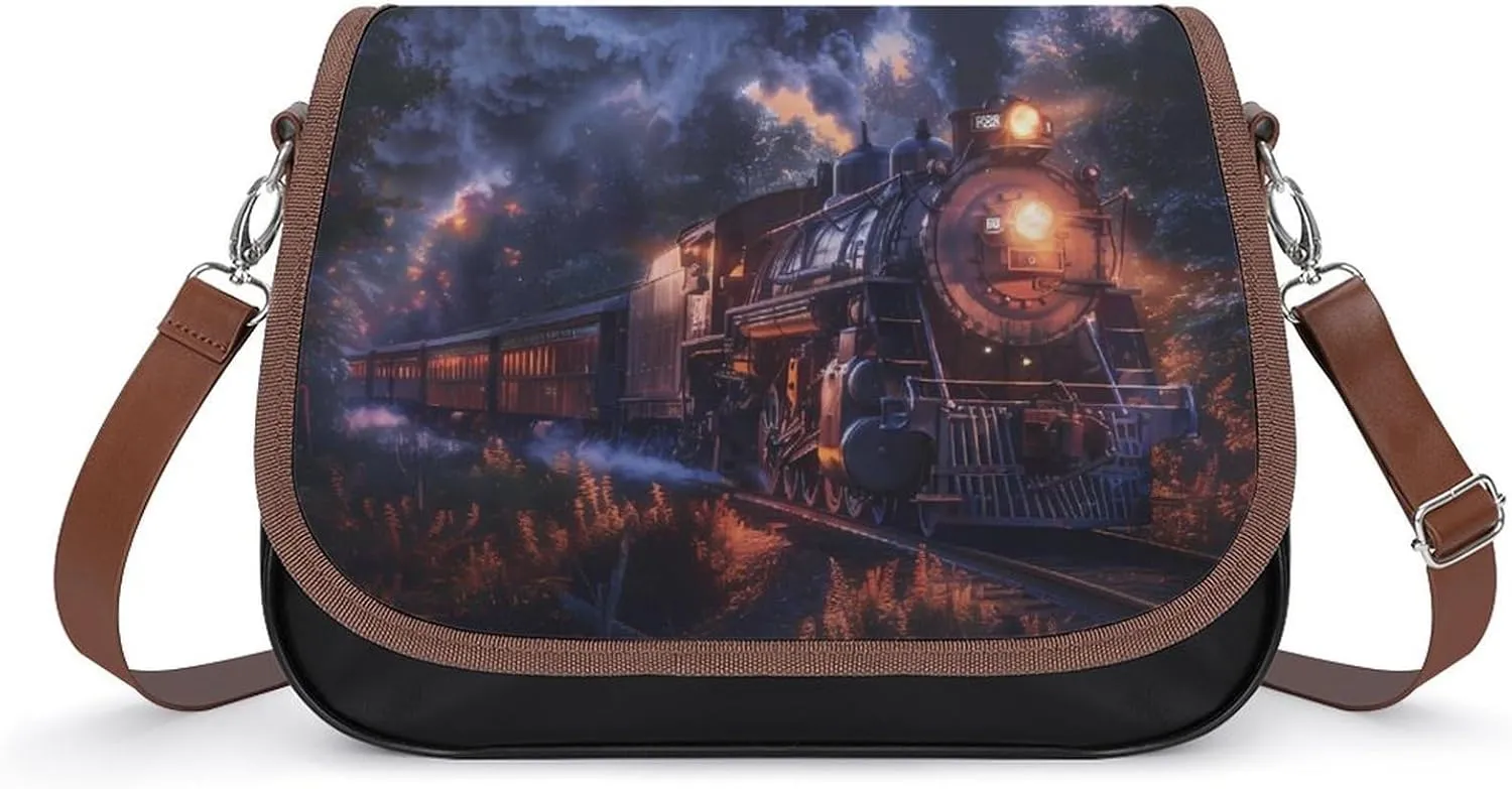 Train The Express American Railroad Women's Crossbody Bags PU Leather Shoulder Bag Handbag Purse Messenger Bag with Shoulder Strap