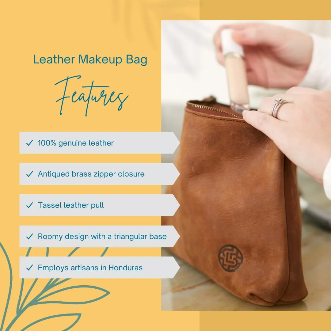 Travel in Style with Genuine Leather Makeup Bag: Cosmetic Pouch, Toiletry Clutch, Travel Organizer (Persimmon)