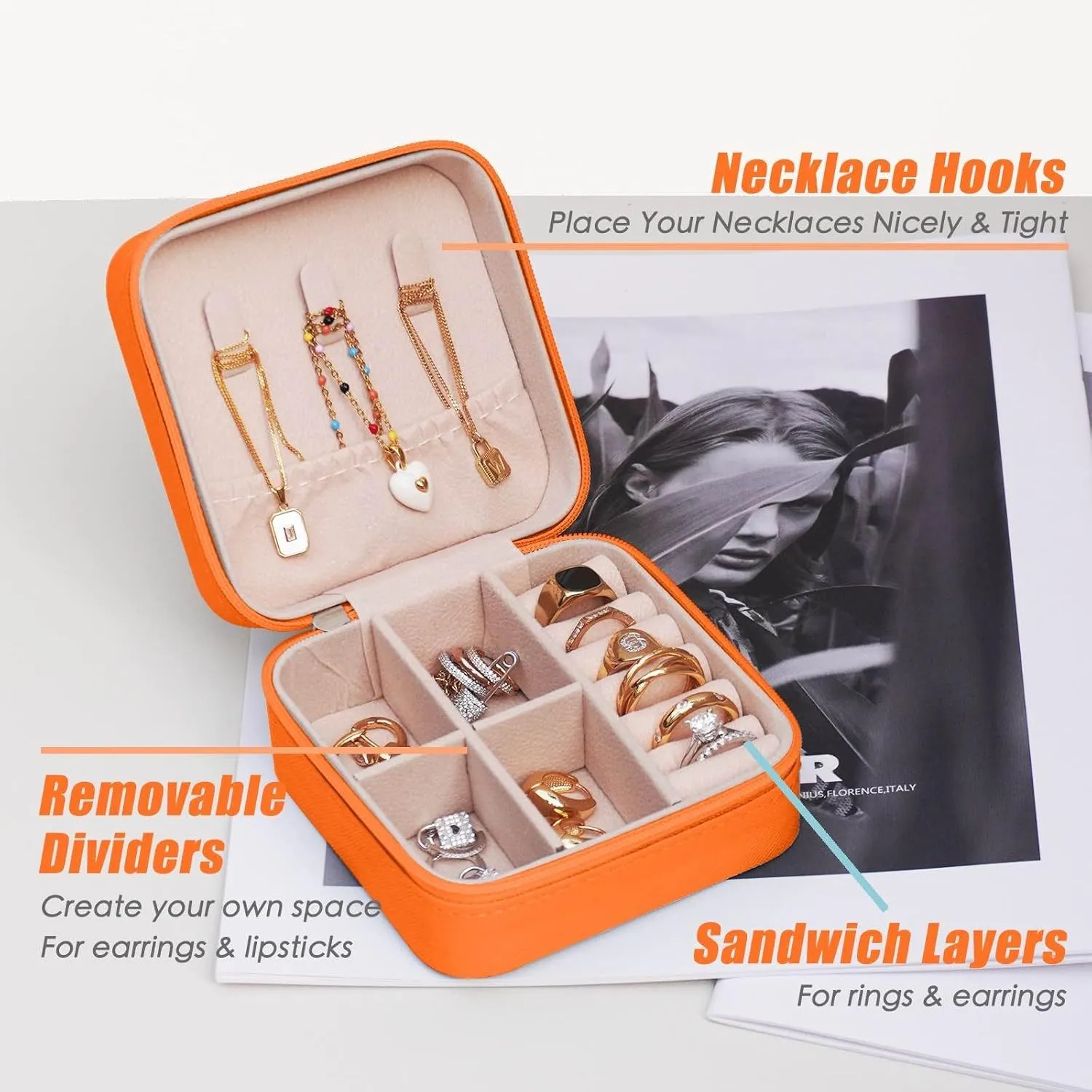 Travel Jewelry Case, Portable Mini Jewelry Travel Organizer, Small Jewelry Boxes for Women, Bridesmaid Gifts and Travel Essentials Accessories to Store (1 PC, Orange)