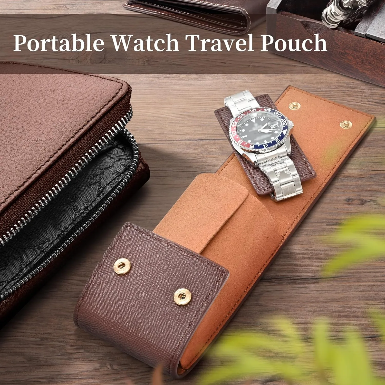 Travel Leather Watch Pouch/Watch Travel Case with Suede Lining/Luxury Leather Travel Watch Case Single Watch Pouch for Men and Women (Brown)