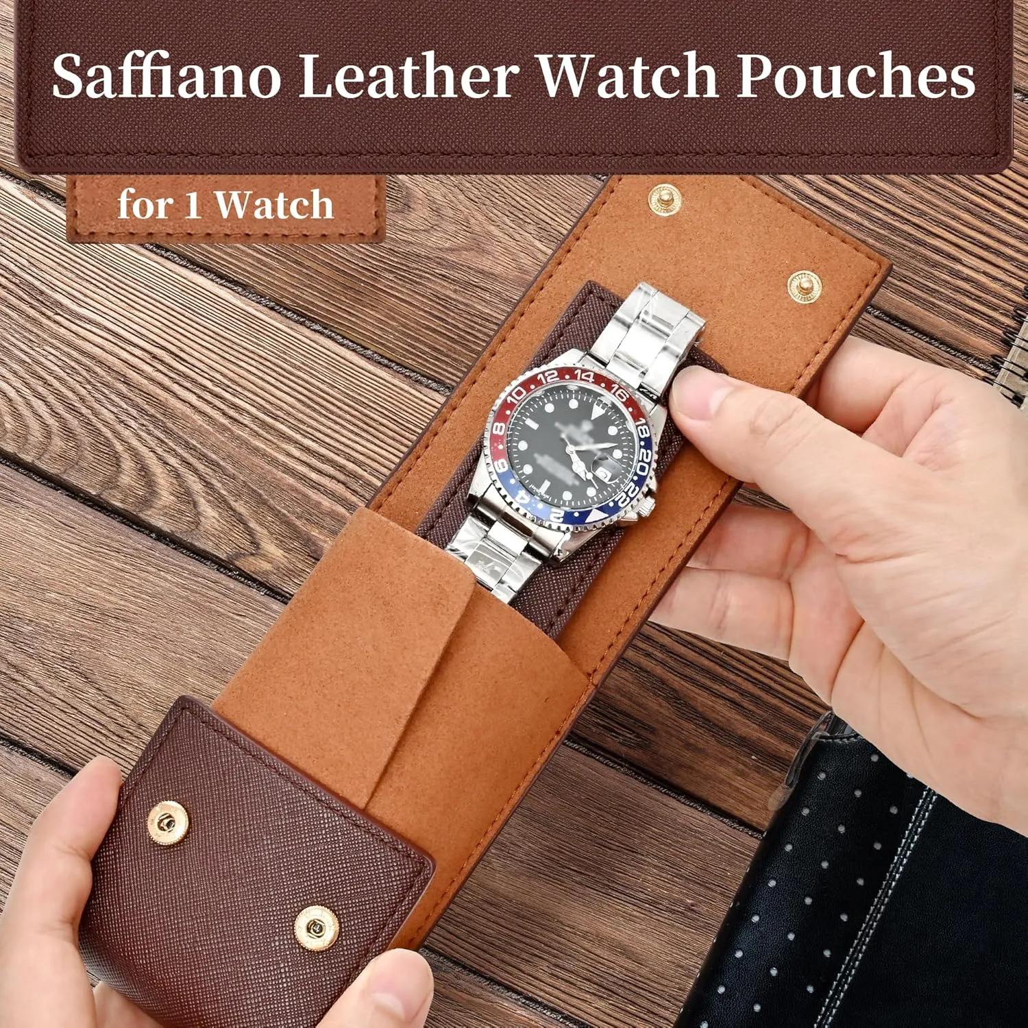 Travel Leather Watch Pouch/Watch Travel Case with Suede Lining/Luxury Leather Travel Watch Case Single Watch Pouch for Men and Women (Brown)