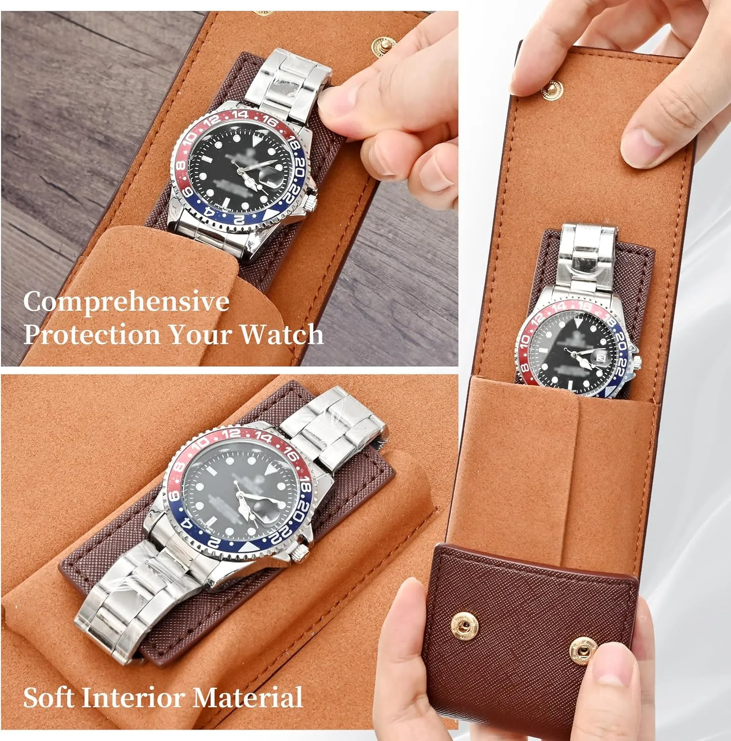 Travel Leather Watch Pouch/Watch Travel Case with Suede Lining/Luxury Leather Travel Watch Case Single Watch Pouch for Men and Women (Brown)
