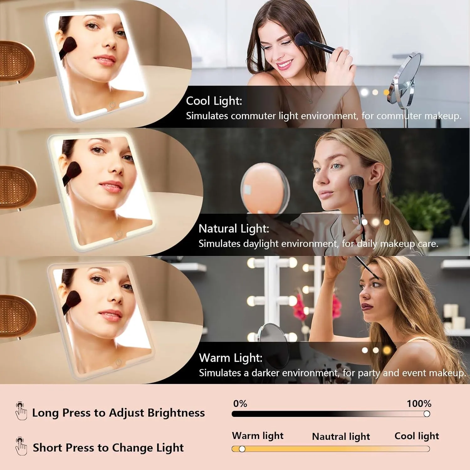 Travel Makeup Bag with LED Mirror Travel Makeup Organizer with 3 Lighted Settings, Adjustable Dividers and Makeup Brush Storage Bag Light Pink