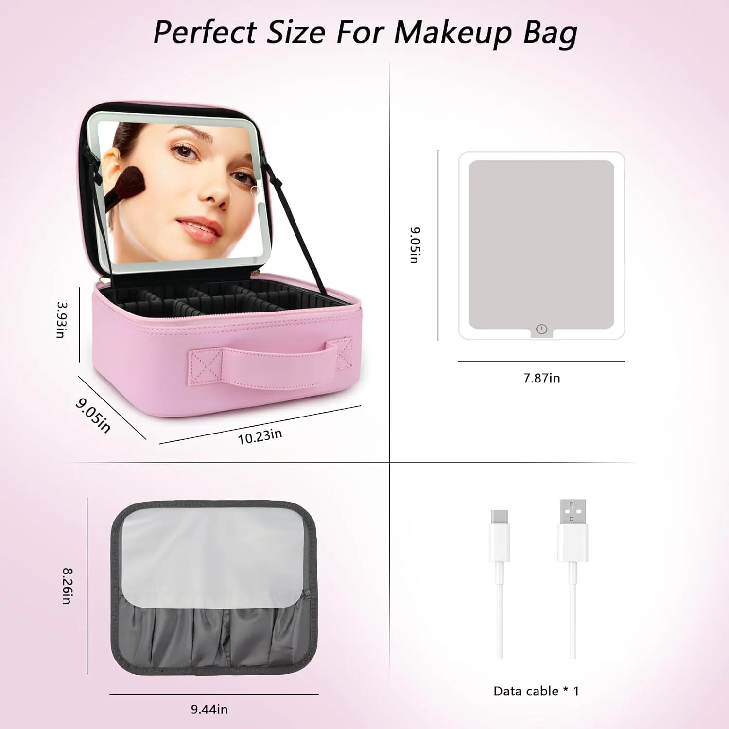 Travel Makeup Bag with LED Mirror Travel Makeup Organizer with 3 Lighted Settings, Adjustable Dividers and Makeup Brush Storage Bag Light Pink