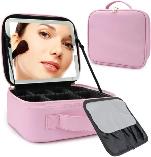 Travel Makeup Bag with LED Mirror Travel Makeup Organizer with 3 Lighted Settings, Adjustable Dividers and Makeup Brush Storage Bag Light Pink