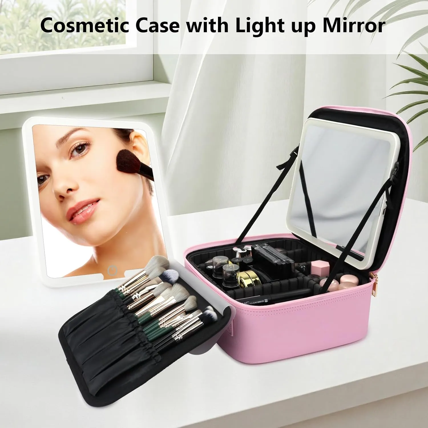 Travel Makeup Bag with LED Mirror Travel Makeup Organizer with 3 Lighted Settings, Adjustable Dividers and Makeup Brush Storage Bag Light Pink