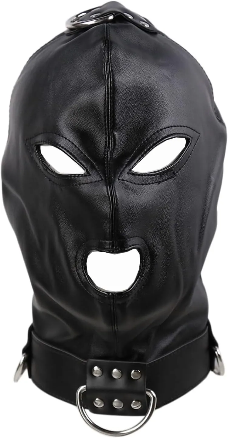 Trendy Black Leather Head Hood Punk Design with Hollow Out Eyes & Mouth – Perfect Cosplay & Halloween Headgear Accessory