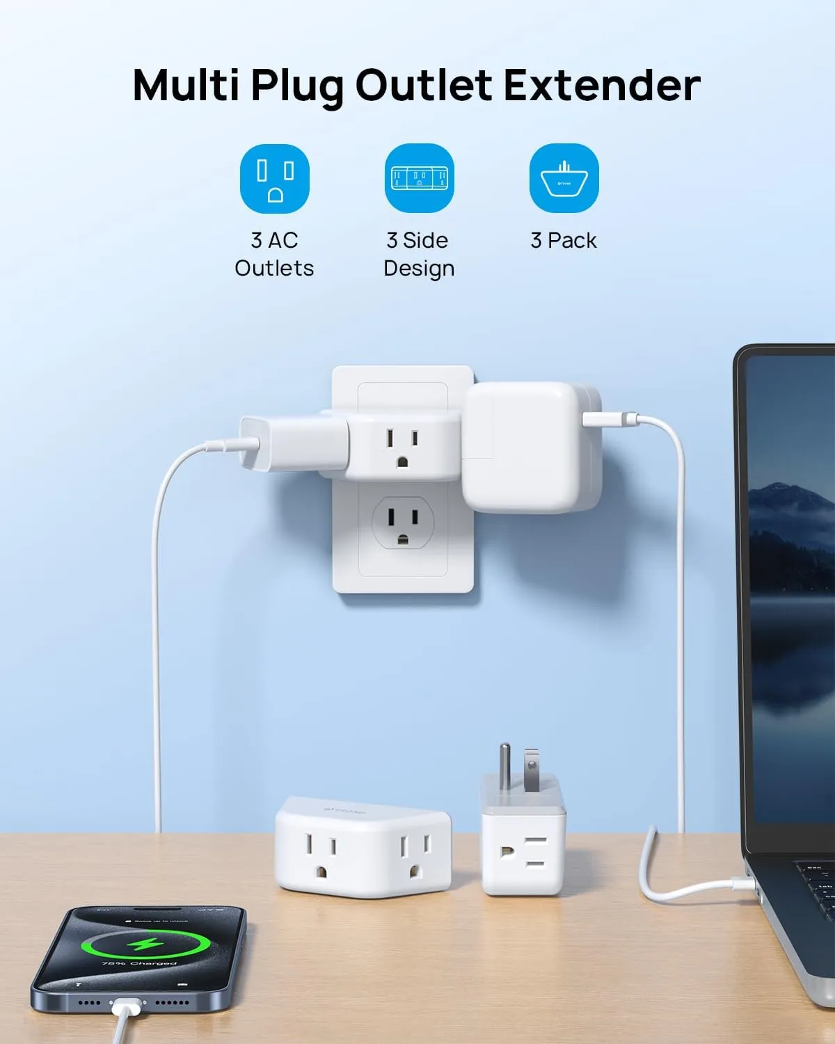 TROND Outlet Extender 3 Pack - Multi Plug Wall Outlet, 3-Prong Grounded Wall Splitter, 3 Way Angled Plug Adapter, Cruise Ship Essentials, Multiple Expander for Travel Home Office Dorm Room, White