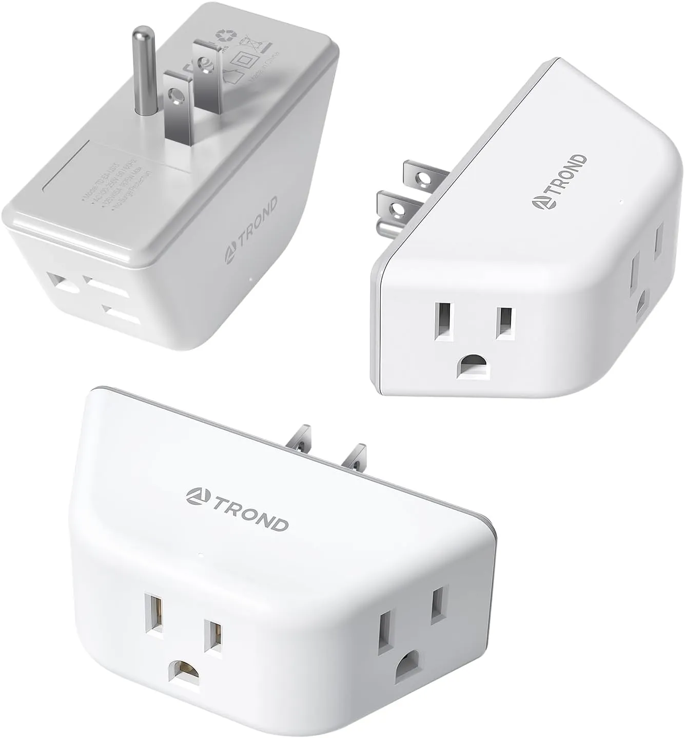 TROND Outlet Extender 3 Pack - Multi Plug Wall Outlet, 3-Prong Grounded Wall Splitter, 3 Way Angled Plug Adapter, Cruise Ship Essentials, Multiple Expander for Travel Home Office Dorm Room, White