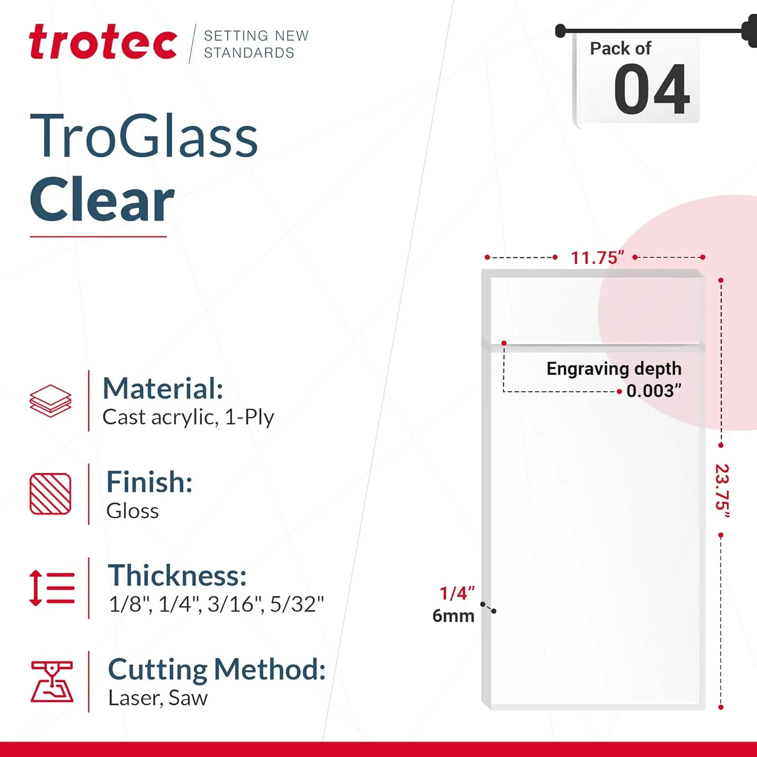 Trotec 4 Pack 23.75" x11.75" Clear Acrylic Plexiglass Sheet 1/4" Thick Cast Acrylic Sheet,6.35mm Transparent Board - Plexi Glass Perspex Panel for Painting Shelf DIY Wedding Signs Cut to Size