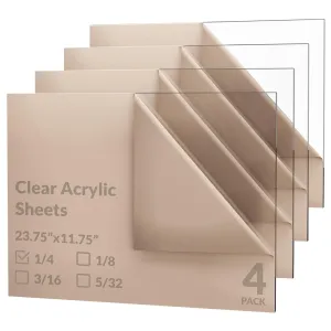 Trotec 4 Pack 23.75" x11.75" Clear Acrylic Plexiglass Sheet 1/4" Thick Cast Acrylic Sheet,6.35mm Transparent Board - Plexi Glass Perspex Panel for Painting Shelf DIY Wedding Signs Cut to Size