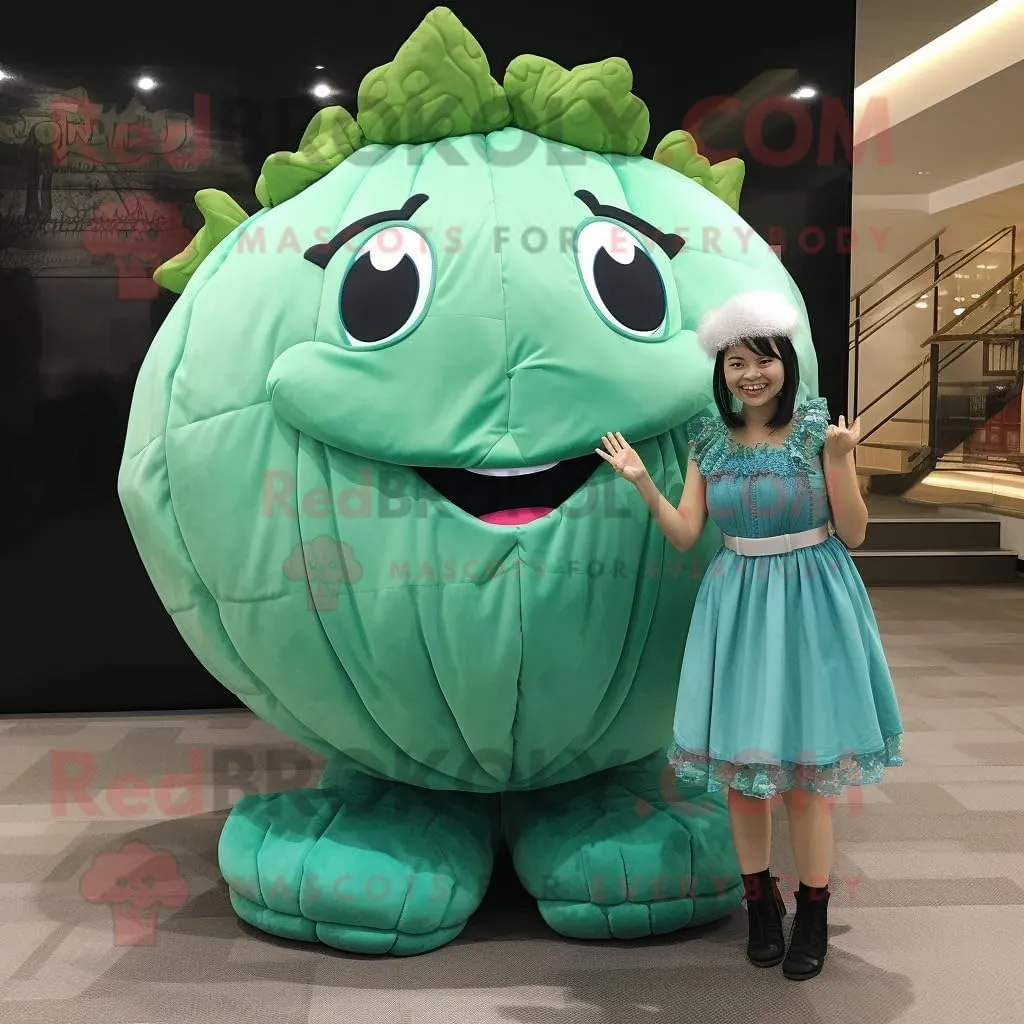 Turquoise Cabbage mascot costume character dressed with a Mini Dress and Coin purses, Large