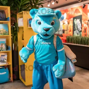 Turquoise Puma mascot costume character dressed with a Mini Skirt and Handbags, Large