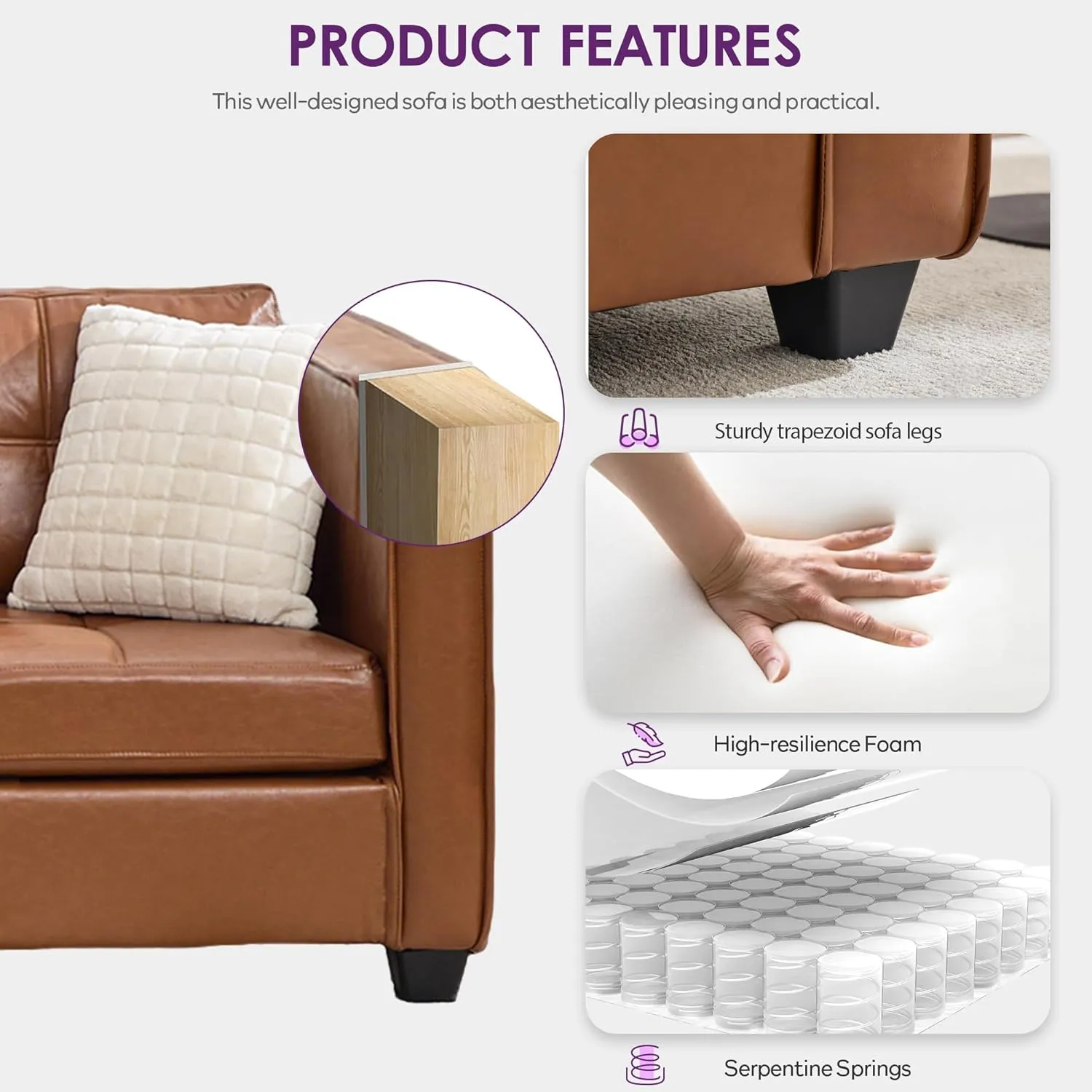 TYBOATLE 65" Brown Faux Leather Sofa Couches for Living Room, Mid-Century Modern Tufted Comfy Loveseat w/USB Charging Ports and Wide Arms, 2 Seater Office Small Couch for Small Space Bedroom